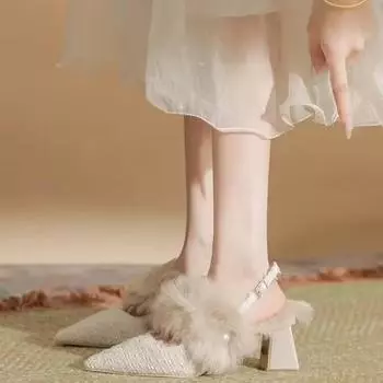 Новые весенние и осенние туфли на высоком каблуке с острым носком, модные, с пряжкой-иглой, с жемчугом, с мелким носком, повседневные, толстые, плюшевые, женские сандалии 35 бежевый