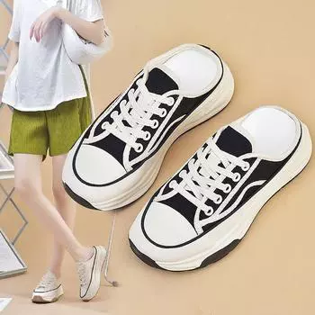 Новые весенние корейские полутапочки с сумкой на голове, женские туфли Ins, уличная парусиновая обувь для студентов, женские сандалии на платформе 35