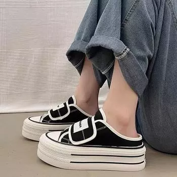 Новые весенние ленивые полутапочки на липучке без шнуровки, парусиновая обувь, женские летние универсальные белые туфли 35 чёрный