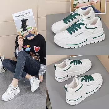 Новые весенние маленькие белые туфли, женские корейские повседневные туфли на толстой подошве, кожаные студенческие туфли для пап с круглым носком, женские туфли 35 зелёный