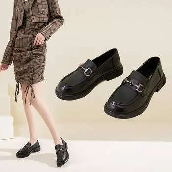 Новые весенние маленькие кожаные туфли из воловьей кожи с верхним слоем в британском стиле. Женские универсальные лоферы. Женские туфли на плоской подошве. 35 чёрный