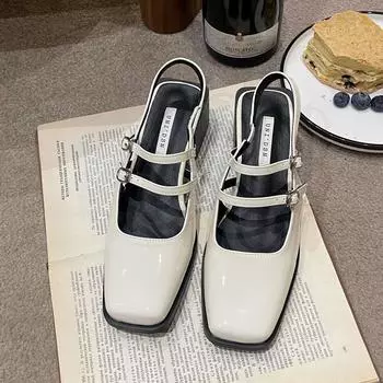 Новые весенние маленькие кожаные туфли в стиле ретро, женские босоножки Мэри Джейн на толстом каблуке с квадратной головкой и двойной пряжкой на толстом каблуке 35