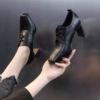 Новые весенние, осенние и зимние модные кожаные туфли для офиса с квадратным носком, повседневные женские туфли на высоком каблуке 35