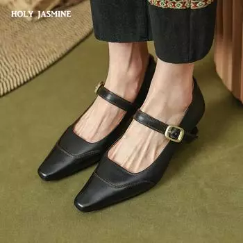 Новые весенние/осенние женские туфли-лодочки из натуральной кожи для женщин Туфли на толстом каблуке с квадратным носком Лаконичные черные туфли Мэри Джейн с пряжкой 34 чёрный