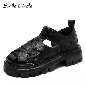 Новые весенние сандалии Baotou с плетением на толстой подошве, римские модные женские туфли с полой головкой из воловьей кожи 35 чёрный