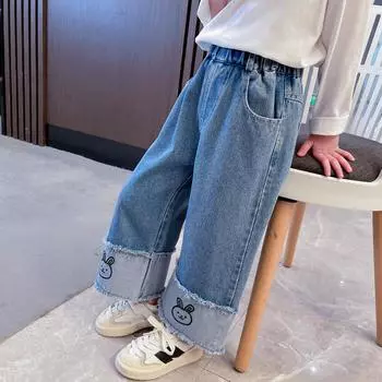 Новые весенние широкие брюки для девочек, модная верхняя одежда для девочек, детские уличные весенние и осенние детские джинсы, широкие брюки 80 синий