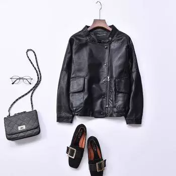 Новые весенние свободные бежевые женские кожаные короткие локомотивы из искусственной кожи S чёрный