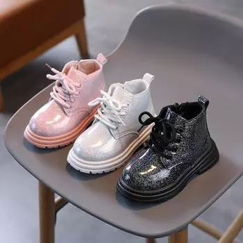 Новые весенние туфли для девочек 1-6 лет, мягкие подошвы с блестками, детские однотонные ботинки Doc Martens на шнуровке 21 белый