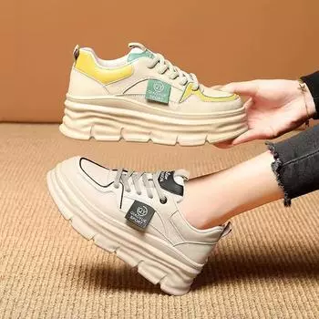 Новые весенние туфли для маффинов на толстой подошве, корейская версия, универсальная повседневная женская спортивная обувь одинакового цвета, удлиняющая спортивная обувь 35 жёлтый