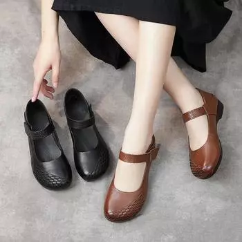 Новые весенние туфли для мам, повседневная женская обувь, женские одинарные туфли на плоской подошве с верхним слоем в национальном стиле с неглубоким носком 38 чёрный