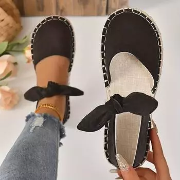 Новые весенние туфли на плоской подошве Baotou, обувь с круглым носком, низким верхом, полым бантом, эластичной резинкой, одинарная обувь, легкая женская обувь для шитья автомобиля 36 чёрный