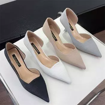 Новые весенние туфли на высоком каблуке с острым носком на шпильке, женские универсальные туфли с атласной стороной, пустой бокал для вина и одинарные туфли 35 белый