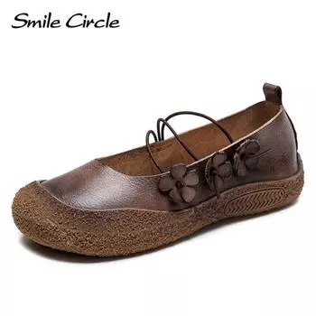 Новые весенние туфли в этническом стиле с маленькими цветами, удобные туфли на плоской подошве для мам, повседневная женская обувь 35 коричневый
