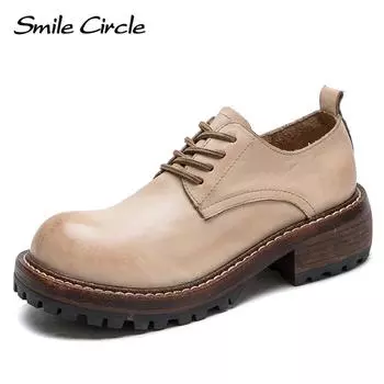 Новые весенние туфли в британском стиле с кружевом спереди в стиле ретро, туфли на толстой подошве с большой головкой, кожаные женские туфли 35 коричневый