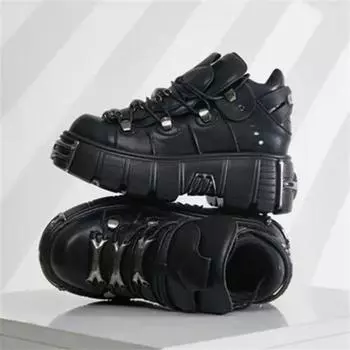 Новые весенние женские ботильоны Borand в стиле панк, женские ботильоны на шнуровке с круглым носком, толстая подошва, металлические украшения, туфли на платформе, повседневная обувь 36