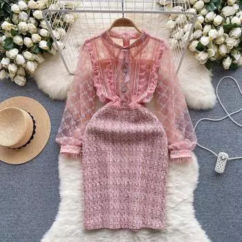 Новые весенние женские сетчатые твидовые вечерние платья в клетку с вышивкой, роскошное розовое мини-короткое платье с вышивкой бисером и бриллиантами S розовый