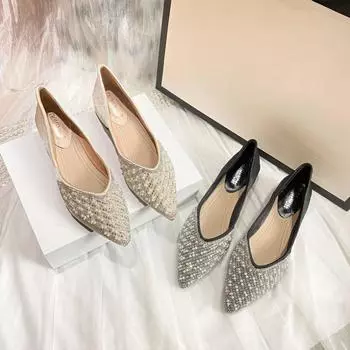 Новые весенние женские туфли-лодочки, новые кожаные повседневные модельные туфли на высоком каблуке с мерцающими кристаллами и жемчугом, кожаные туфли на маленьком каблуке с острым носком 34 чёрный