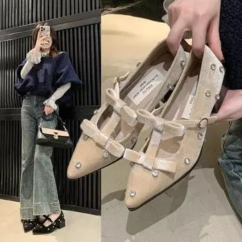 Новые весенние женские туфли-одиночки на квадратном каблуке с острым носком и бантом, ромбовидные туфли для женщин, универсальные, для повседневных поездок на работу, Zapatillas De Mujer 35 абрикосовый