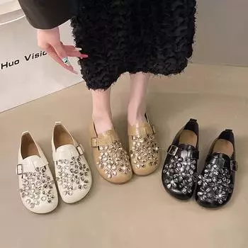 новые весенние женские туфли-одиночки с цветочным принтом и блестящими бриллиантами, повседневные, удобные, модные маленькие кожаные туфли на плоском каблуке 35