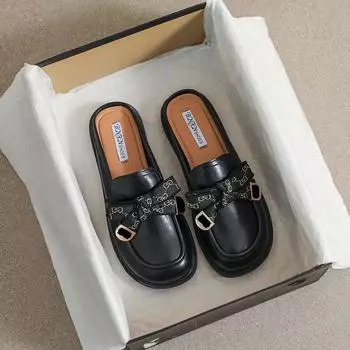 Новые весенние женские уличные тапочки, черные туфли-мулы в британском стиле, модные повседневные лоферы с бантом, обувь Muller для вечеринок и работы 35 слоновая кость