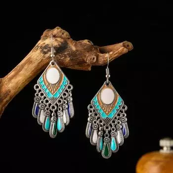 Новые винтажные этнические серьги-кисточки из металлических листьев в стиле бохо с каплями масла и ромба, в форме веера, серьги-капли из драгоценных камней