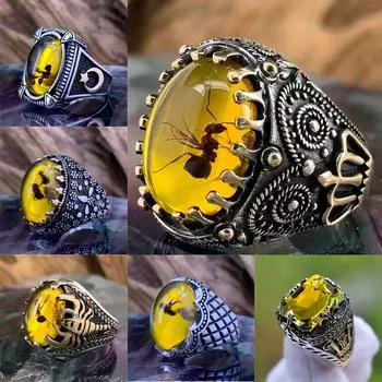Новые винтажные большие овальные кольца из натурального камня агата, мужские винтажные инкрустированные кольца с желтым янтарем и муравьями для свадьбы, ювелирные изделия высокого качества 7