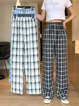 Новые винтажные клетчатые женские брюки с высокой талией, широкие прямые брюки, свободные повседневные женские брюки, широкие брюки, модная уличная одежда S чёрный