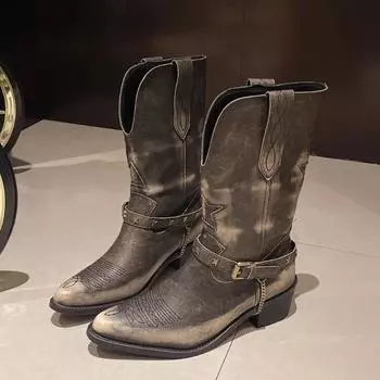 Новые винтажные ковбойские сапоги в стиле вестерн для женщин с металлической цепью, ковбойские сапоги, модная музыкальная фестивальная женская обувь, сапоги до середины икры 35