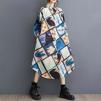 Новые винтажные платья с цветочным принтом больших размеров с длинным рукавом для женщин, повседневное свободное весенне-осеннее платье-рубашка синий