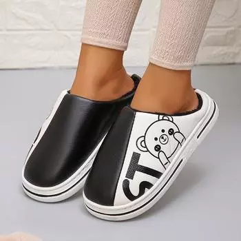 Новые водонепроницаемые домашние тапочки из искусственной кожи для женщин, зимние, сохраняющие тепло, для пар, хлопковая обувь, женские домашние нескользящие утолщенные плюшевые тапочки 36-37 чёрный