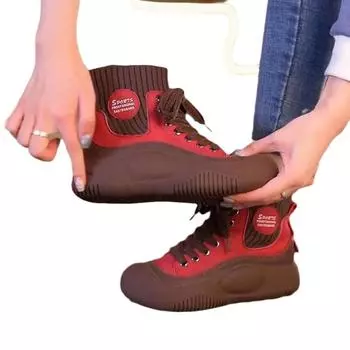 Новые вязаные эластичные тонкие женские сапоги, короткие сапоги с летающей тканью на толстой подошве 35 красный