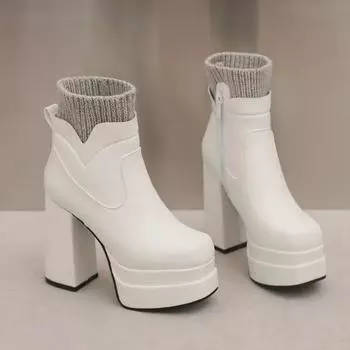 Новые вязаные женские сапоги из искусственной кожи в стиле пэчворк, короткие сапоги на платформе, женские эластичные ботильоны на высоком толстом каблуке, женские размеры 34-50 6