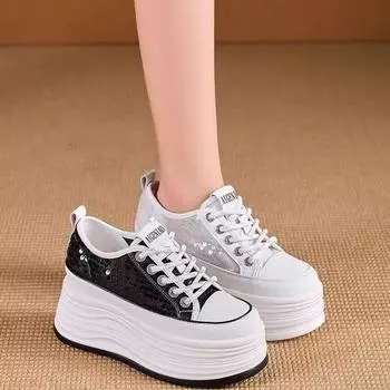 Новые вулканизированные парусиновые туфли с сеткой на шнуровке, блестящие кроссовки на платформе для женщин, дышащая модная повседневная одежда 34 белый