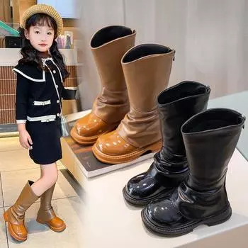 Новые высокие детские ботинки с модной подошвой из кожи. 26 хаки