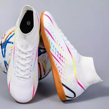 Новые высокие футбольные бутсы, длинные плоские мужские и женские футбольные бутсы, студенческие тренировочные бутсы, бутсы для мини-футбола 35 белый