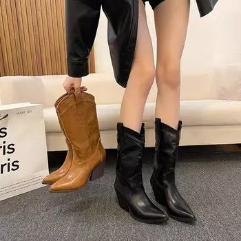 Новые высокие каблуки до середины голени плиссированные сапоги для женщин зимние коричневые кожаные вестерн сапоги женские ковбойские сапоги на толстом каблуке Zapatos Mujer 35 чёрный