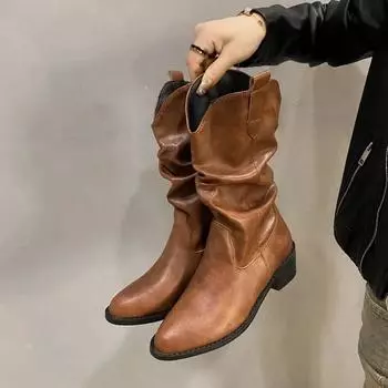 Новые высокие каблуки до середины голени плиссированные сапоги для женщин осень-зима коричневые кожаные вестерн сапоги женские ковбойские сапоги на толстом каблуке 35 чёрный