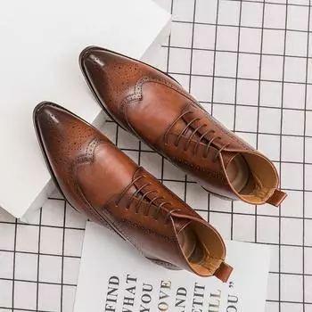 Новые высокие мужские туфли-броги на шнуровке, свадебные ботильоны, мужские ботильоны, заостренные британские формальные ботинки, повседневные кожаные оксфордские ботинки 39 чёрный