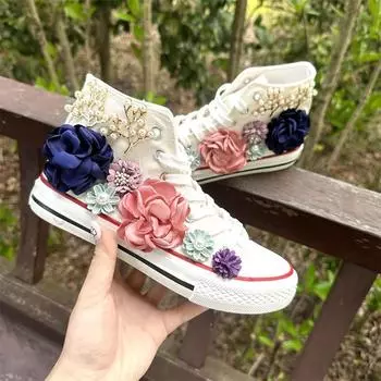 Новые высокие парусиновые туфли женские модные повседневные туфли с жемчугом Студенческие туфли Harajuku в гонконгском стиле с цветочным принтом модные женские туфли 35