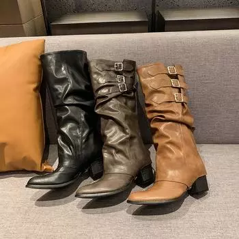 Новые высококачественные модные стильные винтажные съемные ботинки Barrel Western Boot для женщин с черным поясом и ремешками, ботинки, обувь Zapatos Mujer 35 чёрный