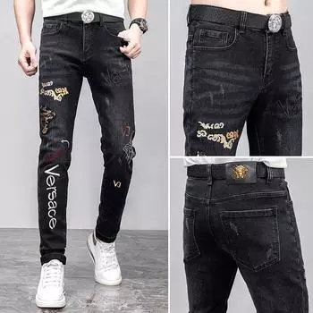 Новые высококачественные мужские джинсы европейского и американского стиля с вышивкой, облегающие и модные джинсовые брюки с бриллиантами 28