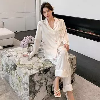 Новые высококачественные пижамы из ледяного шелка для женщин, весна, лето и осень, брюки с принтом, тонкая шелковая домашняя одежда с длинными рукавами M белый