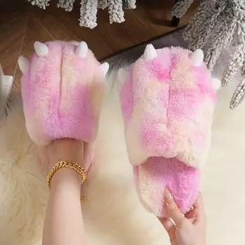 Новые забавные тапочки с изображением лап животных для женщин, цветные меховые шлепанцы, женские домашние пушистые туфли, женские ультралегкие зимние комнатные тапочки One Size