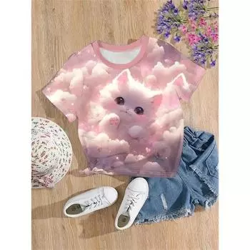 Новые забавные животные кошки 3D принт футболки для девочек модные вечерние топы с короткими рукавами футболки 2025 повседневные футболки одежда для девочек 100cm