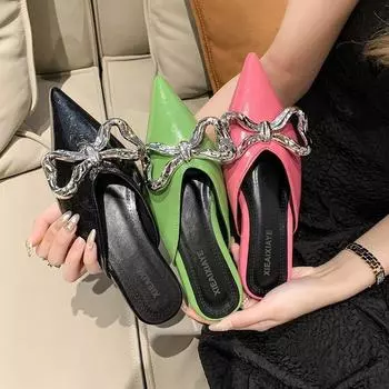 Новые заостренные тапочки Baotou на плоском каблуке Half Tuo с галстуком-бабочкой, сандалии на плоской подошве для ношения женской обуви на открытом воздухе 35