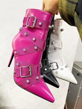 Новые заостренные тонкие каблуки, очень высокие каблуки, заклепочная пряжка, боковая молния, показ мод, большие женские сапоги, короткие сапоги 34 чёрный