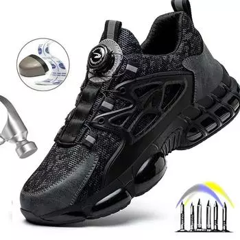 Новые защитные ботинки с вращающимися кнопками, мужские рабочие кроссовки, неразрушаемая обувь, устойчивая к ударам, защитные ботинки со стальным носком, рабочая защитная обувь с защитой от проколов 37 чёрный