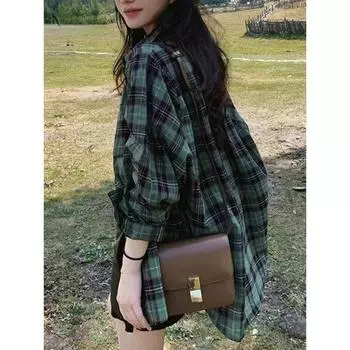 Новые зеленые клетчатые рубашки женские блузки весна лето винтажные свободные рубашки на пуговицах пальто повседневные топы с длинным рукавом одежда 2000 года S зелёный