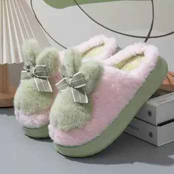 Новые зеленые кроличьи тапочки зимние женские тапочки пушистые домашние туфли теплые зимние меховые шлепанцы женские комнатные тапочки для ходьбы по дому 36-37 белый