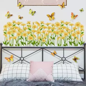 Новые зеленые растения и желтые цветы бабочки наклейки на стену Ins гостиная фон стены украшения комнаты обои самоклеящиеся
